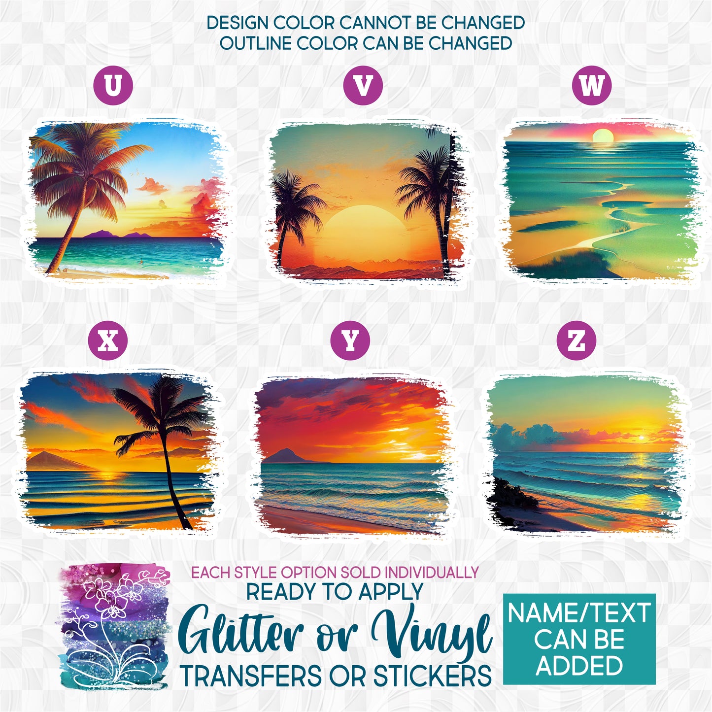 (s204-4) Watercolor Sunset Beach Ocean Tropical Seascape Landscape 3 Glitter or Vinyl Iron-On Transfer or Sticker