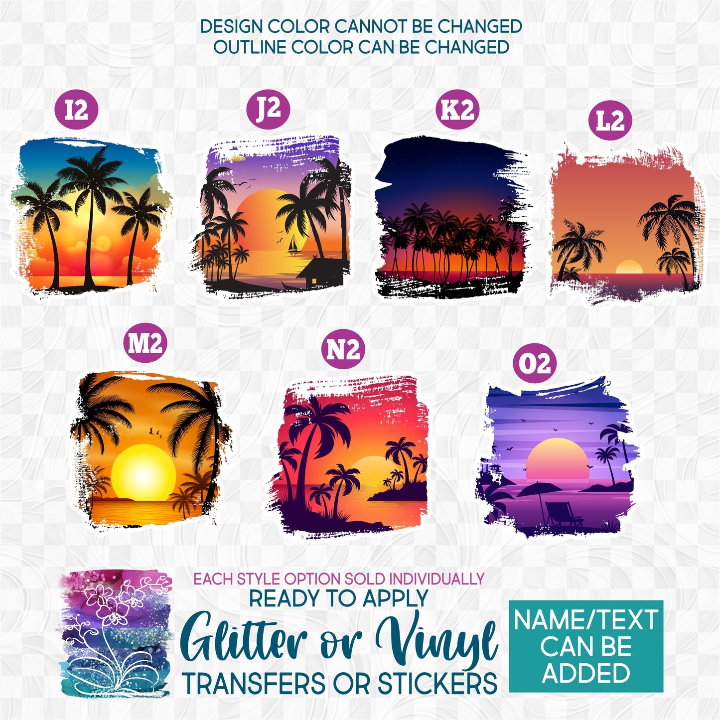 (s204-4) Watercolor Sunset Beach Ocean Tropical Seascape Landscape 4 Glitter or Vinyl Iron-On Transfer or Sticker