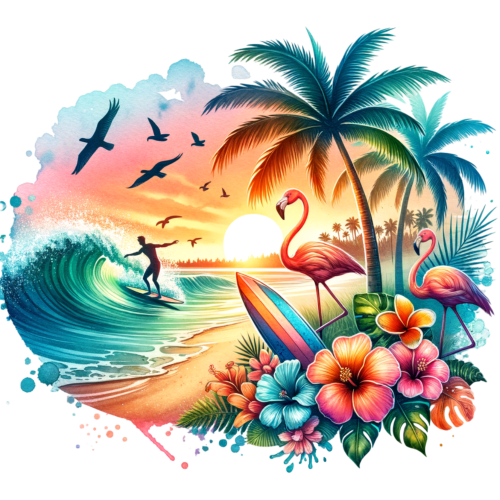 (204-05) Sunset Big Wave Beach Landscape