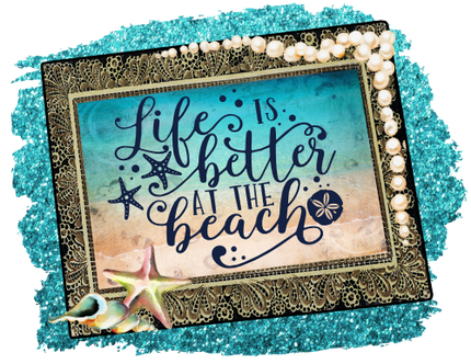 (204-06-A) Life is Better at the Beach Watercolor Ocean Beach Frame Starfish Pearls