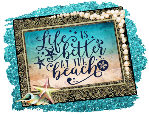 (204-06-A) Life is Better at the Beach Watercolor Ocean Beach Frame Starfish Pearls