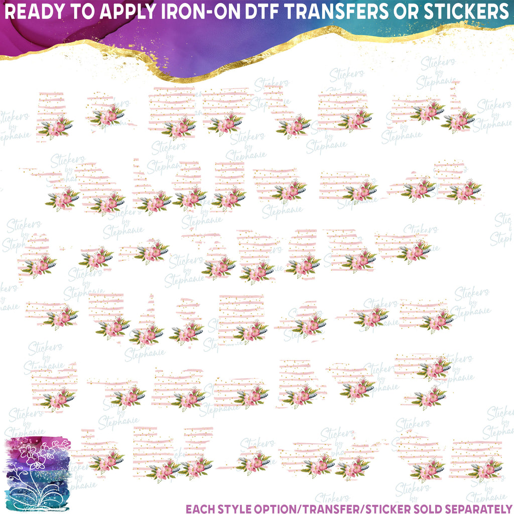 (s206-07) State Watercolor Floral Pink White Stripes All States Available