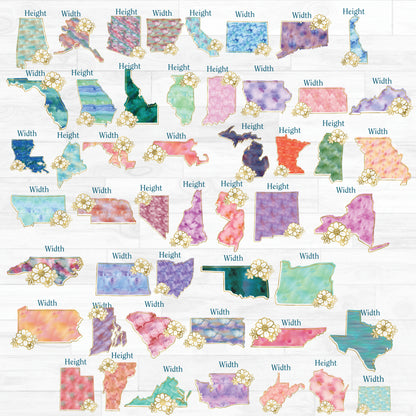 (s206-14) State Watercolor Gold Flower All States Available Ready to Apply Iron-On Transfer or Sticker