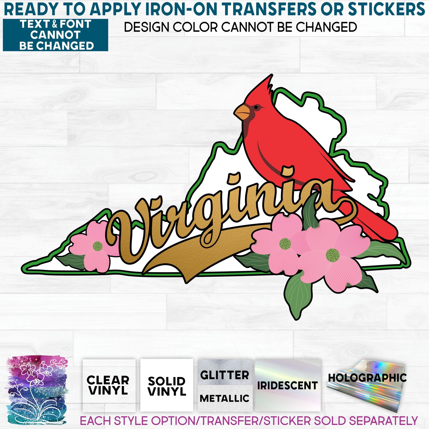 (s206-M) Virginia State Outline with Flower & Bird Glitter or Vinyl Iron-On Transfer or Sticker