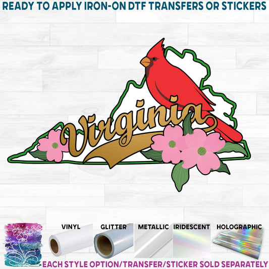 (s206-23) Virginia State Outline with Flower & Bird Printed Heat Transfer or Sticker