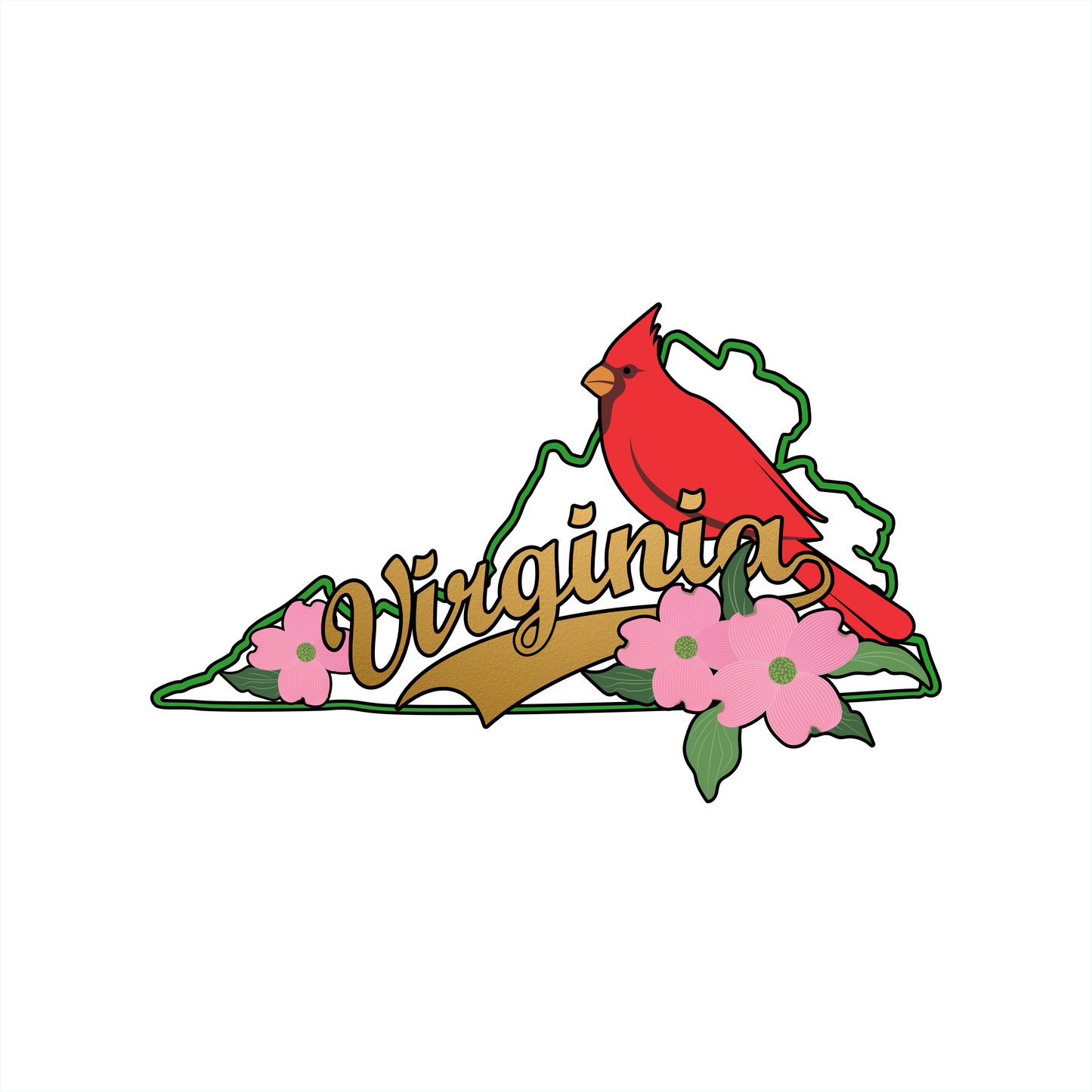 (s206-23) Virginia State Outline with Flower & Bird