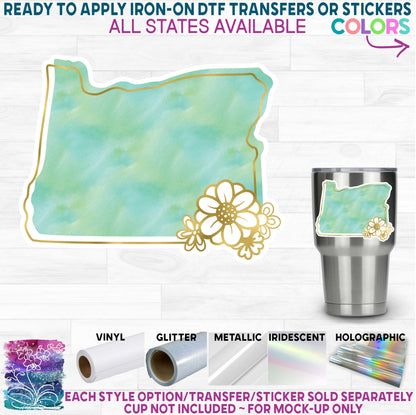 (s206-14) State Watercolor Gold Flower All States Available Ready to Apply Iron-On Transfer or Sticker