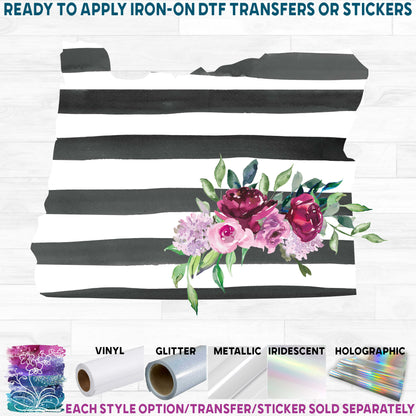 (s206-06) State Watercolor Floral Black White Stripes All States Available Printed Heat Transfer or Sticker