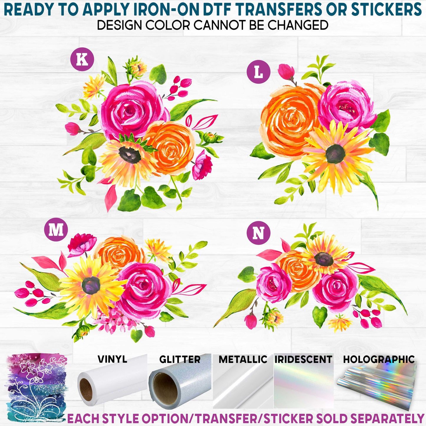 (s209) Watercolor Sunflowers Pink Roses Flower Flowers Printed Heat Transfer or Sticker