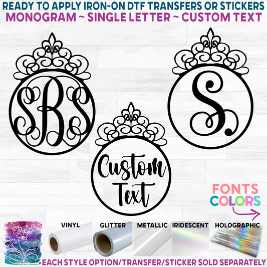 (s020-2D) Princess Tiara Diamond Fleur de Lis Monogram Printed Heat Transfer or Sticker