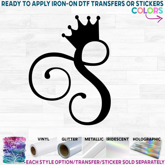 (s020-3A) Princess Queen Crown Script Single Letters or Numbers Printed Heat Transfer or Sticker