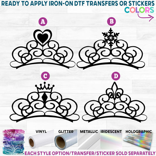 (s020-1) Princess Tiara Crown Heart Snowflake Fleur de Lis Printed Heat Transfer or Sticker