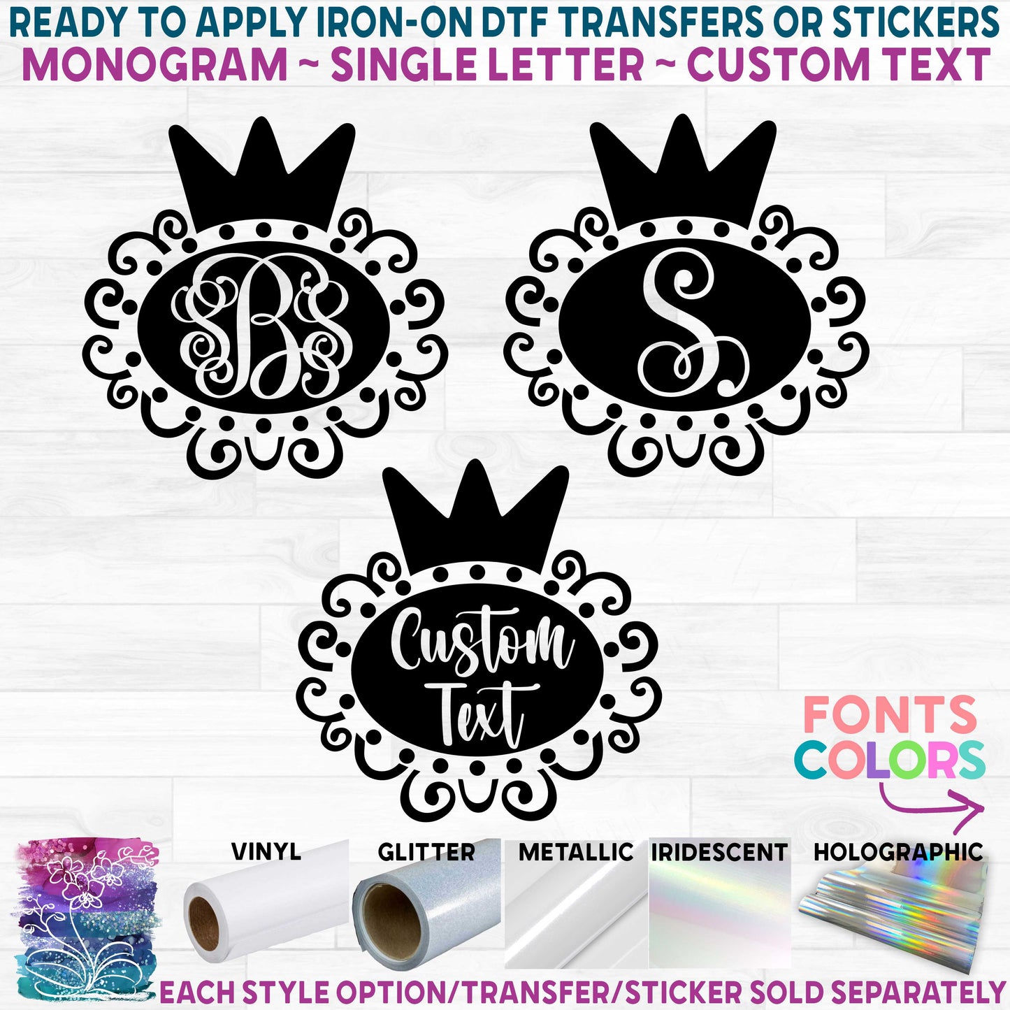 (s020-2F) Princess Tiara Crown Monogram Name Big Little Sister Cousin Printed Heat Transfer or Sticker