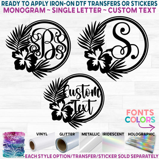 (s021-2F) Hibiscus Flowers Wreath Monogram Printed Heat Transfer or Sticker