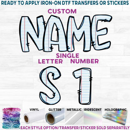 (s211-2B) Lined Notebook Paper Letters Numbers Custom Name Text