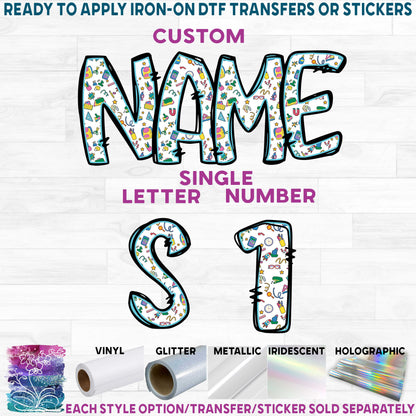 (s211-2I) School Doodles Crayon Letters Numbers Custom Name Text