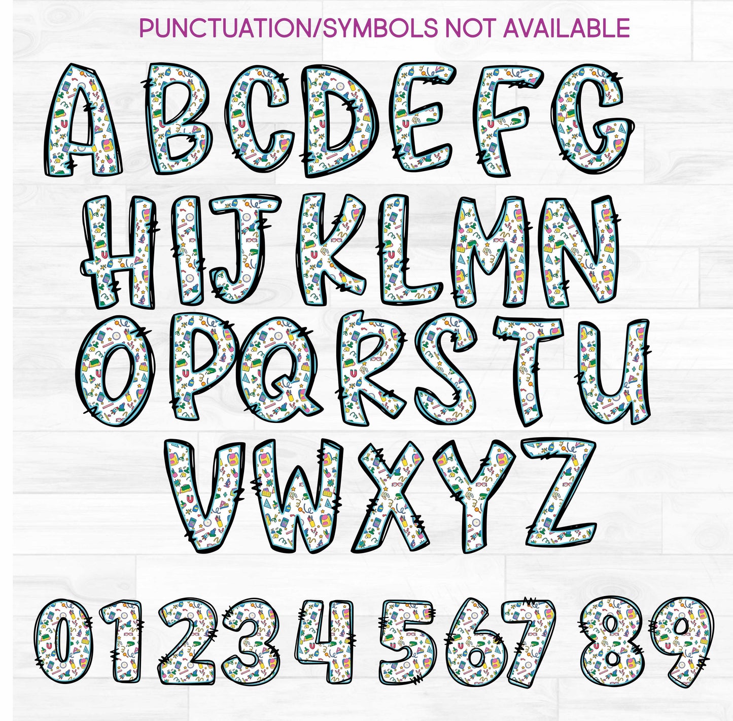 (s211-2I) School Doodles Crayon Letters Numbers Custom Name Text