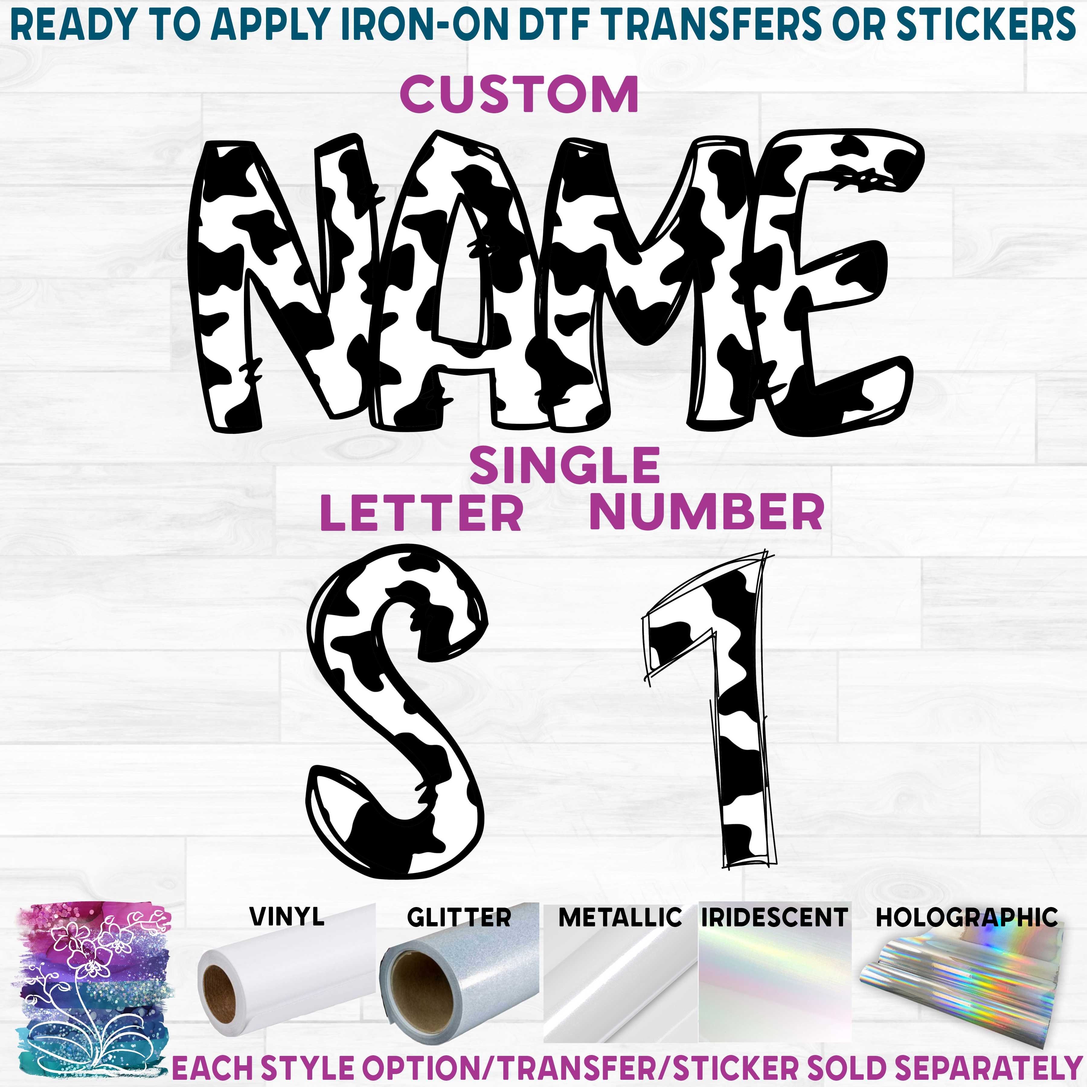 (s211-3A) Black White Cow Print Letters Numbers Custom Name Text