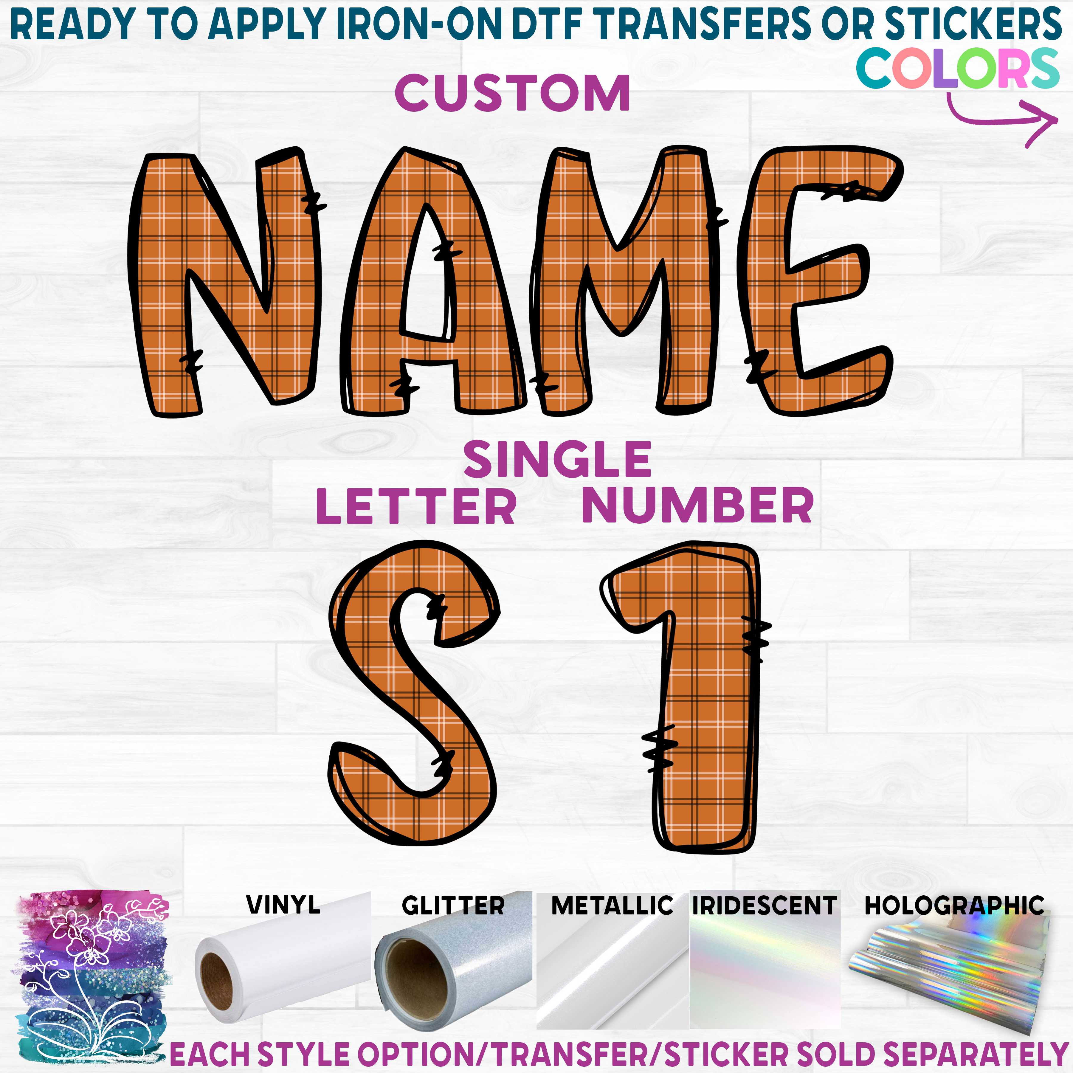 (s211-5D) Orange Plaid Letters Numbers Custom Name Text