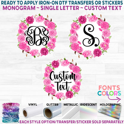 (s211-5) Monogram Pink Dahlia Rose Floral Flowers Watercolor Printed Heat Transfer or Sticker