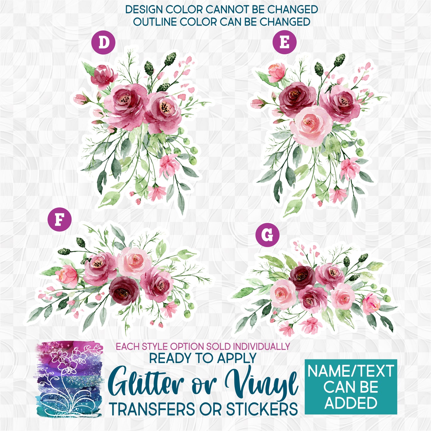 (s214) Watercolor Burgundy Pink Roses Flowers Glitter or Vinyl Iron-On Transfer or Sticker
