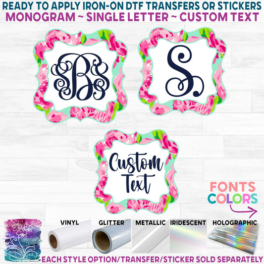 (s215) Square Monogram Floral Frame Printed Heat Transfer or Sticker