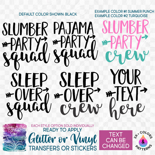 s217-D Slumber Party Sleep Over Squad Pajama Party Squad Custom Printed Iron On Transfer or Sticker