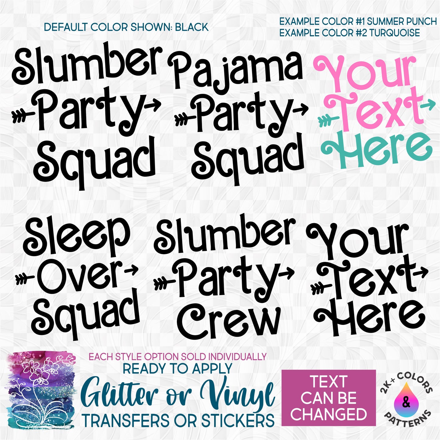 (s217-F) Slumber Party, Sleep Over, Pajama Party, Squad Glitter or Vinyl Iron-On Transfer or Sticker