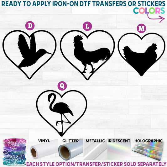 (s218) Heart Animal Hummingbird Chicken Rooster Hen Flamingo Printed Heat Transfer or Sticker