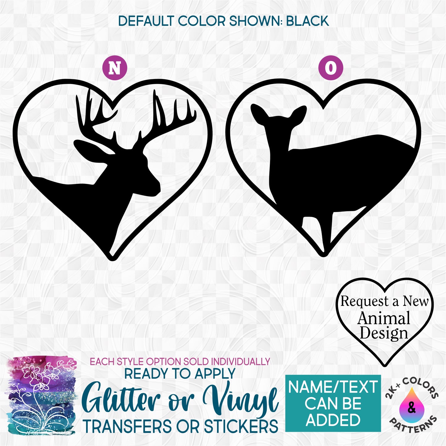 (s218) Heart Animal Deer Buck Doe Glitter or Vinyl Iron-On Transfer or Sticker