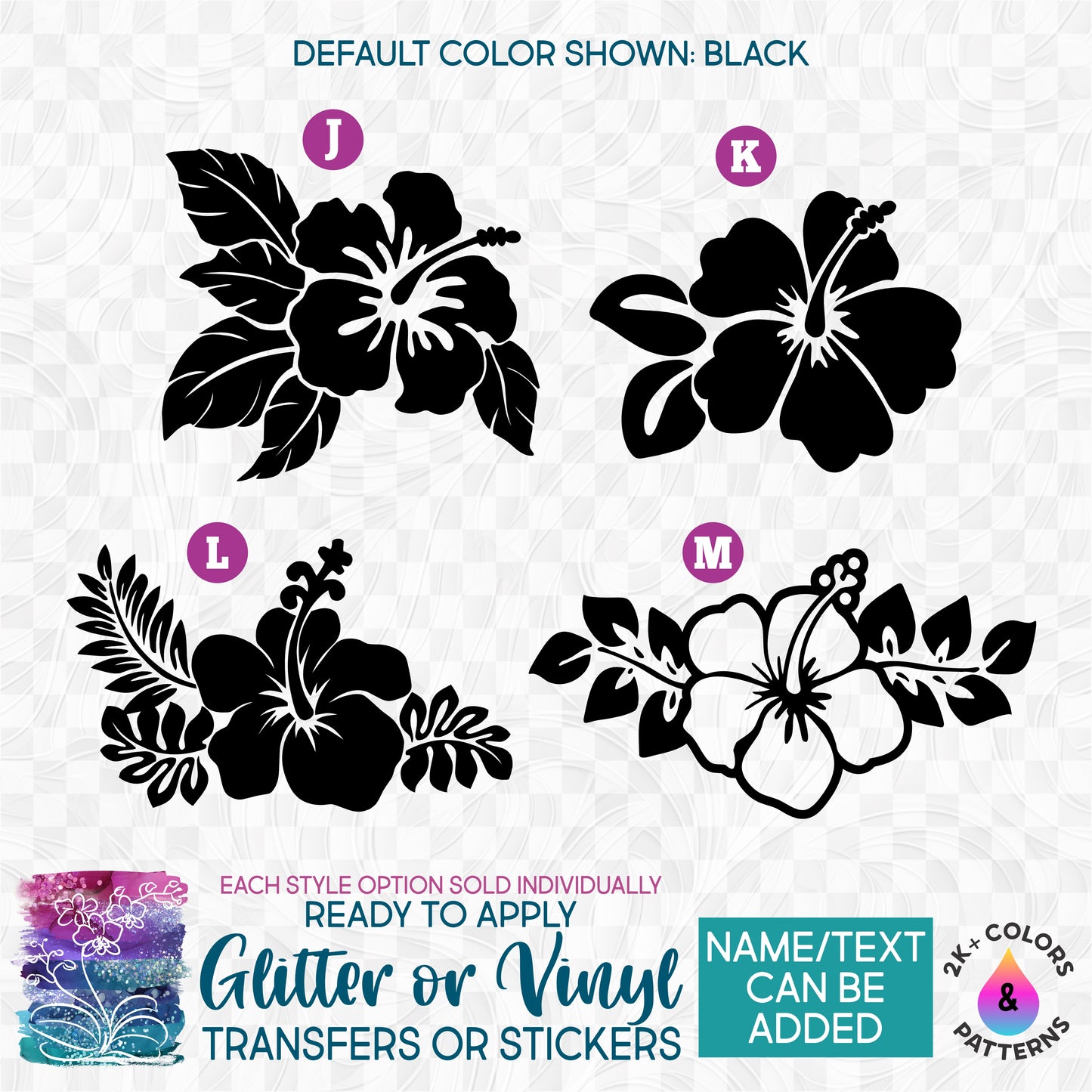 (s021-1) Hibiscus Flowers with Leaves Glitter or Vinyl Iron-On Transfer or Sticker