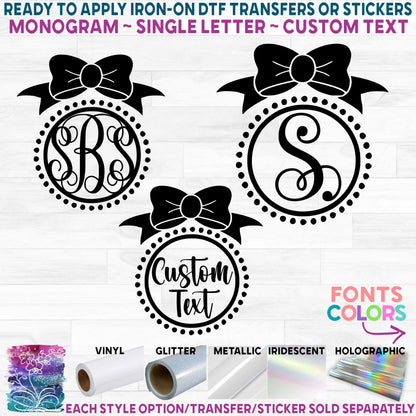 (s225-2C) Bow & Pearls Monogram Printed Heat Transfer or Sticker