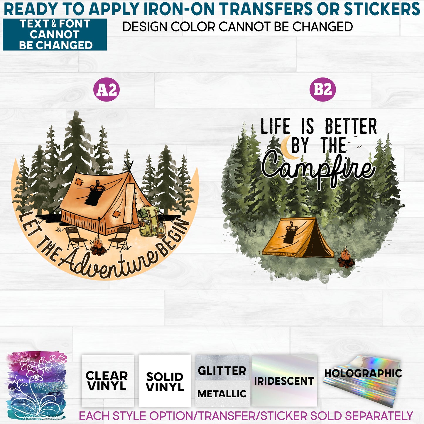 (s228-10) Let the Adventure Begin, Life is Better by the Campfire Glitter or Vinyl Iron-On Transfer or Sticker