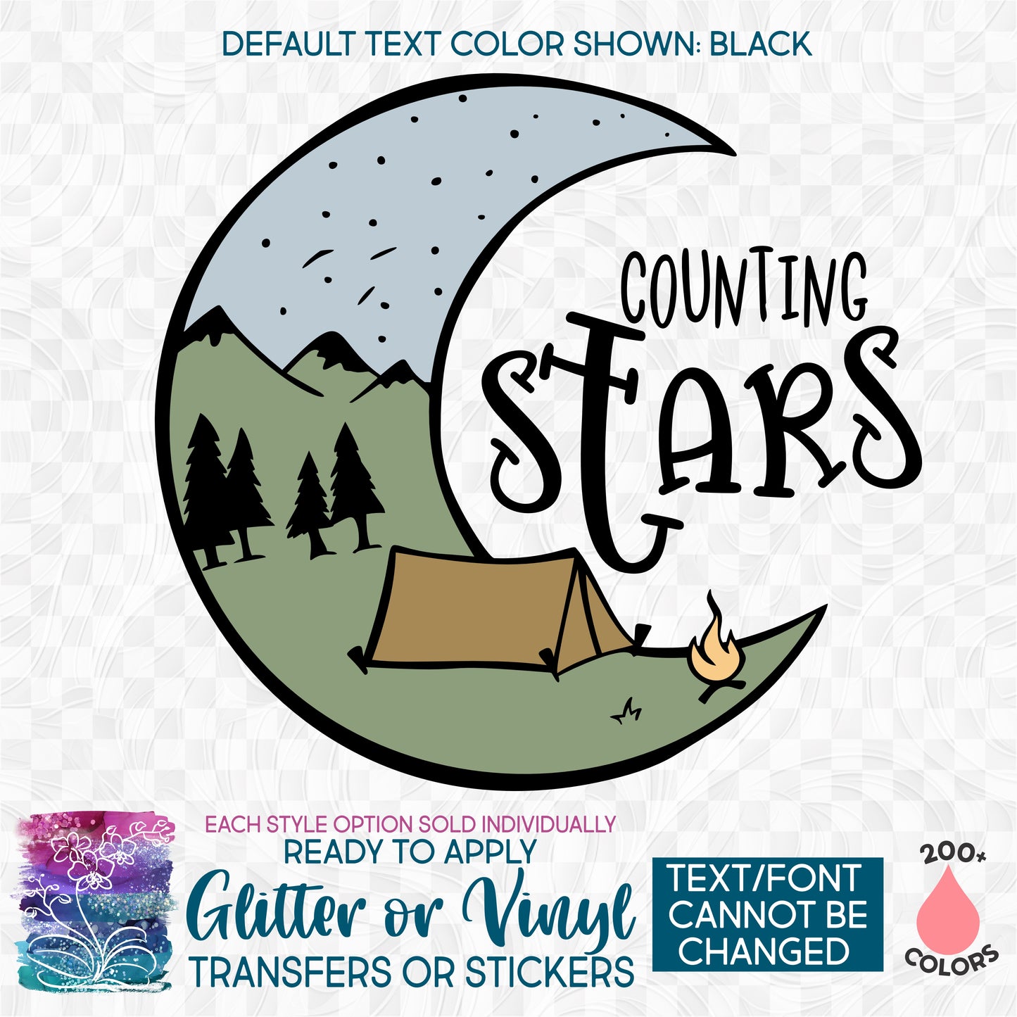 (s228-4S) Counting Stars Crescent Moon Camping Outdoors Glitter or Vinyl Iron-On Transfer or Sticker