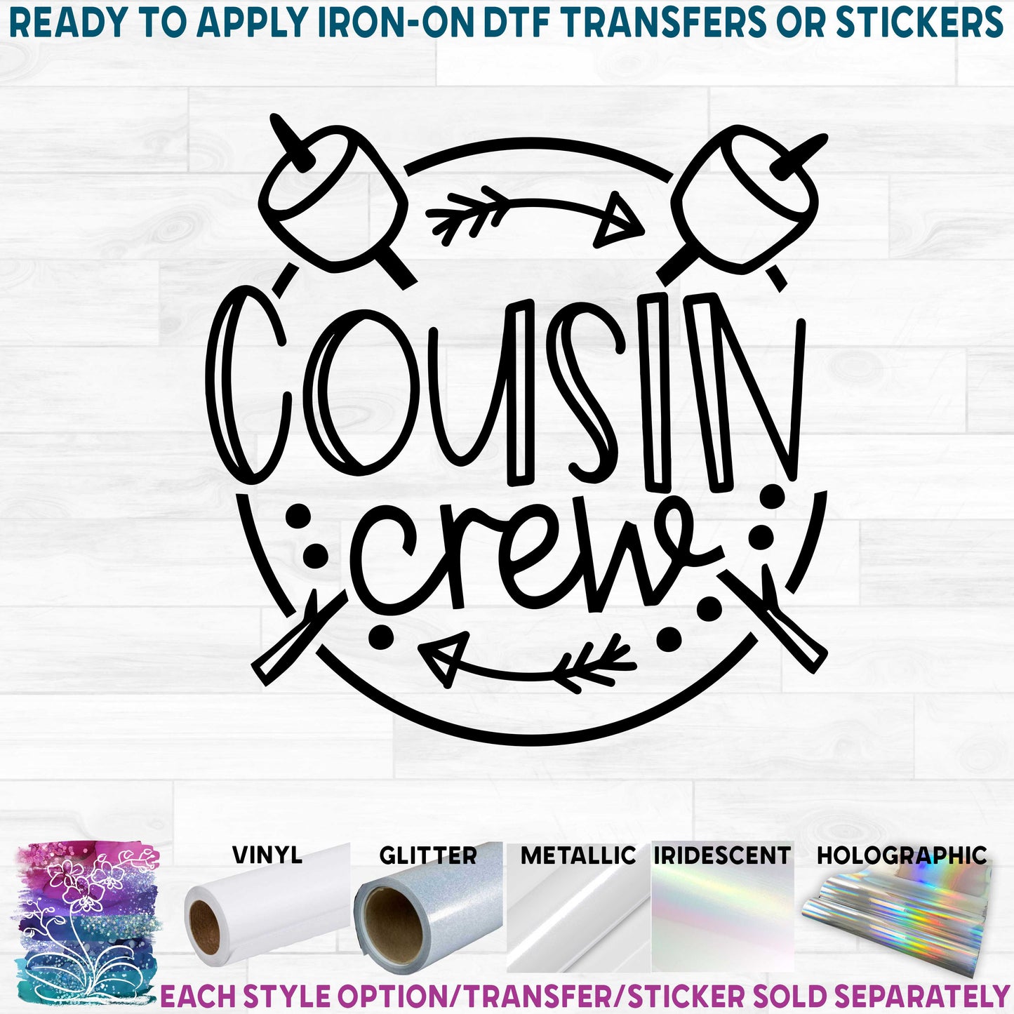 (s228-3I) Cousin Crew Cousins Camp Tribe Custom Text Marshmallows Marshmallow Sticks Printed Heat Transfer or Sticker