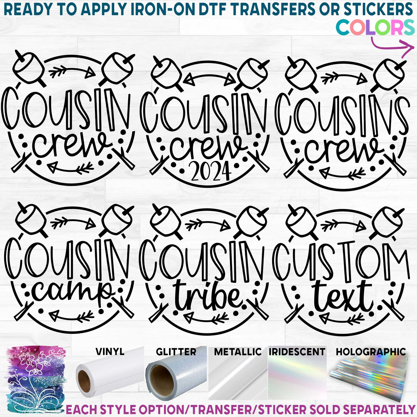 (s228-3I) Cousin Crew Cousins Camp Tribe Custom Text Marshmallows Marshmallow Sticks Printed Heat Transfer or Sticker