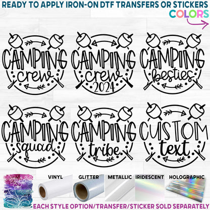 (s228-3I) Camping Crew Besties Squad Tribe Custom Text Marshmallows Marshmallow Sticks Printed Heat Transfer or Sticker