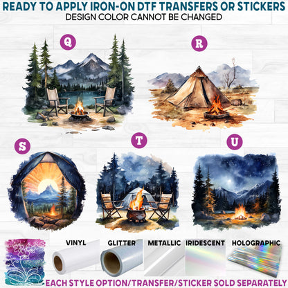 (s228-7) Watercolor Camping Scene Tent Mountains Campfire Printed Heat Transfer or Sticker