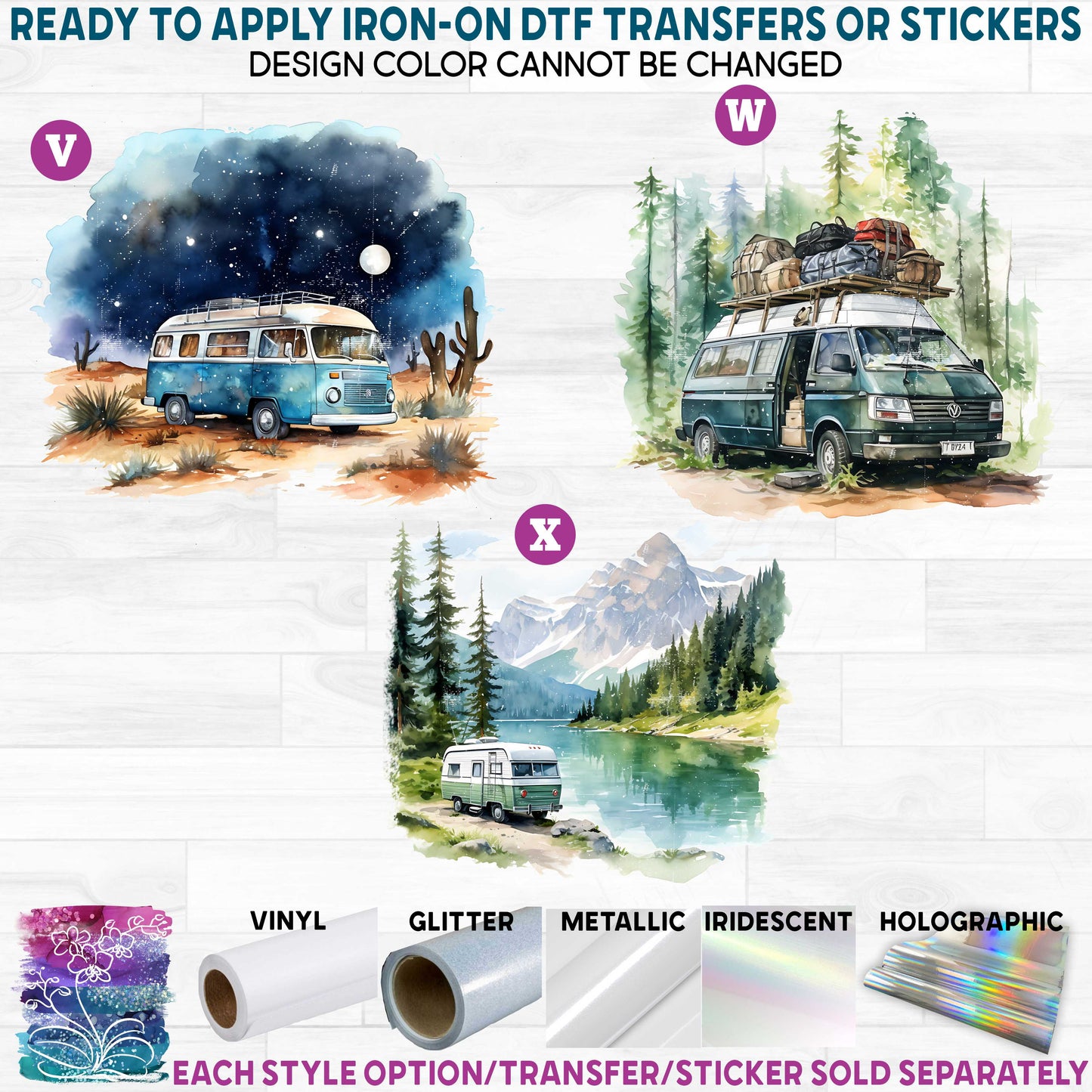 (s228-7) Watercolor Camping Scene Tent Mountains Campfire Printed Heat Transfer or Sticker