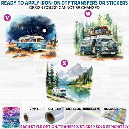 (s228-7) Watercolor Camping Scene Campfire Marshmallows Smores Beer Coffee Printed Heat Transfer or Sticker