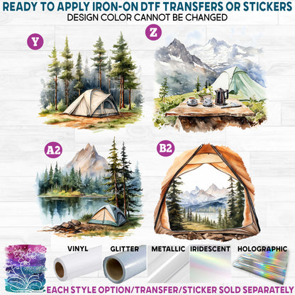 (s228-7) Watercolor Camping Scene Campfire Marshmallows Smores Beer Coffee Printed Heat Transfer or Sticker