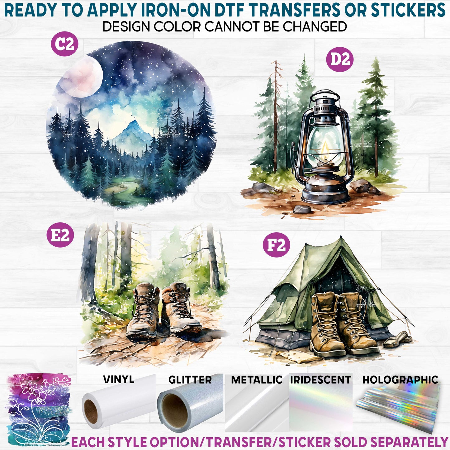 (s228-7) Watercolor Camping Scene Campfire Marshmallows Smores Beer Coffee Printed Heat Transfer or Sticker