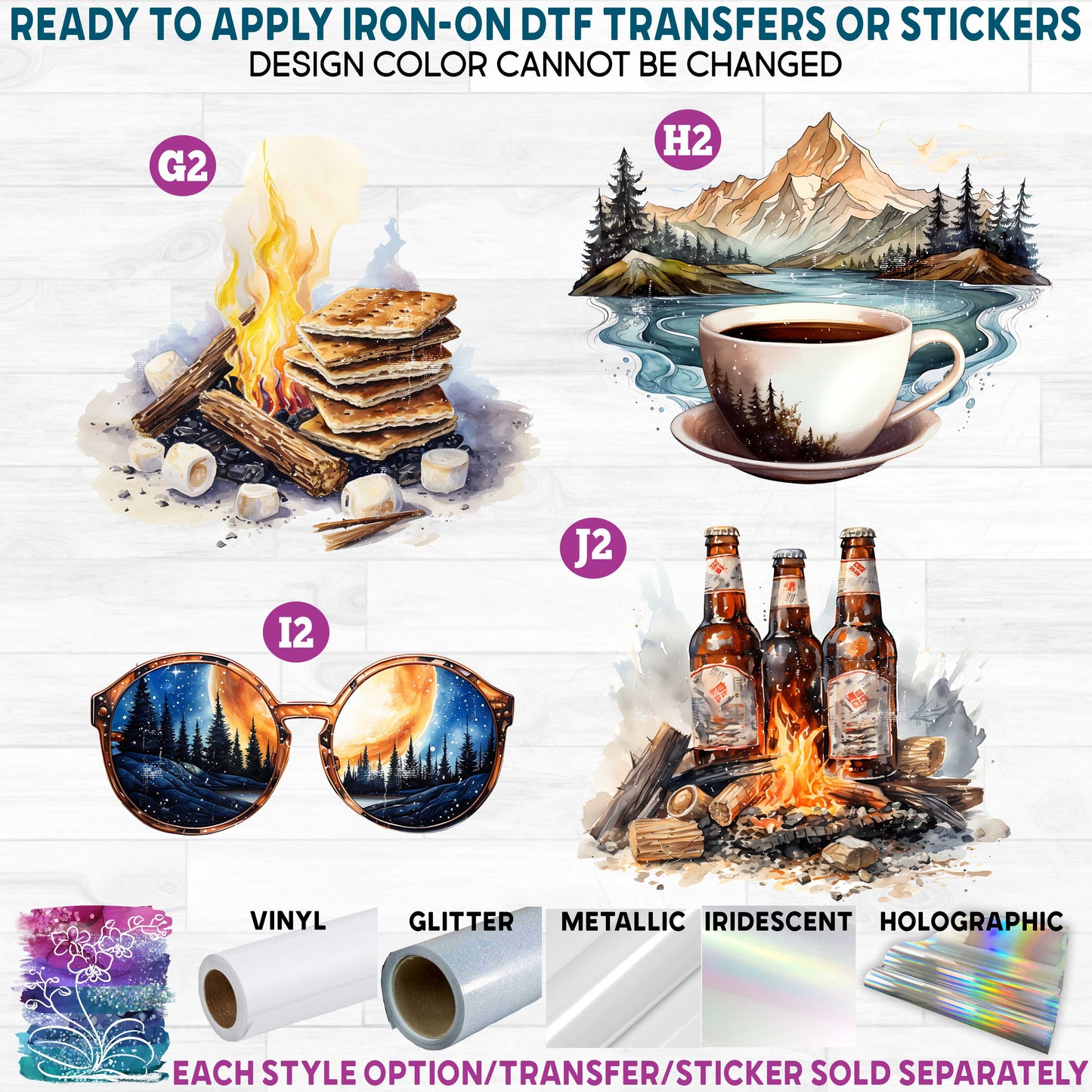 (s228-7) Watercolor Camping Scene Tent Mountains Campfire Printed Heat Transfer or Sticker