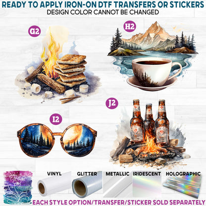 (s228-7) Watercolor Camping Scene Tent Mountains Campfire Printed Heat Transfer or Sticker