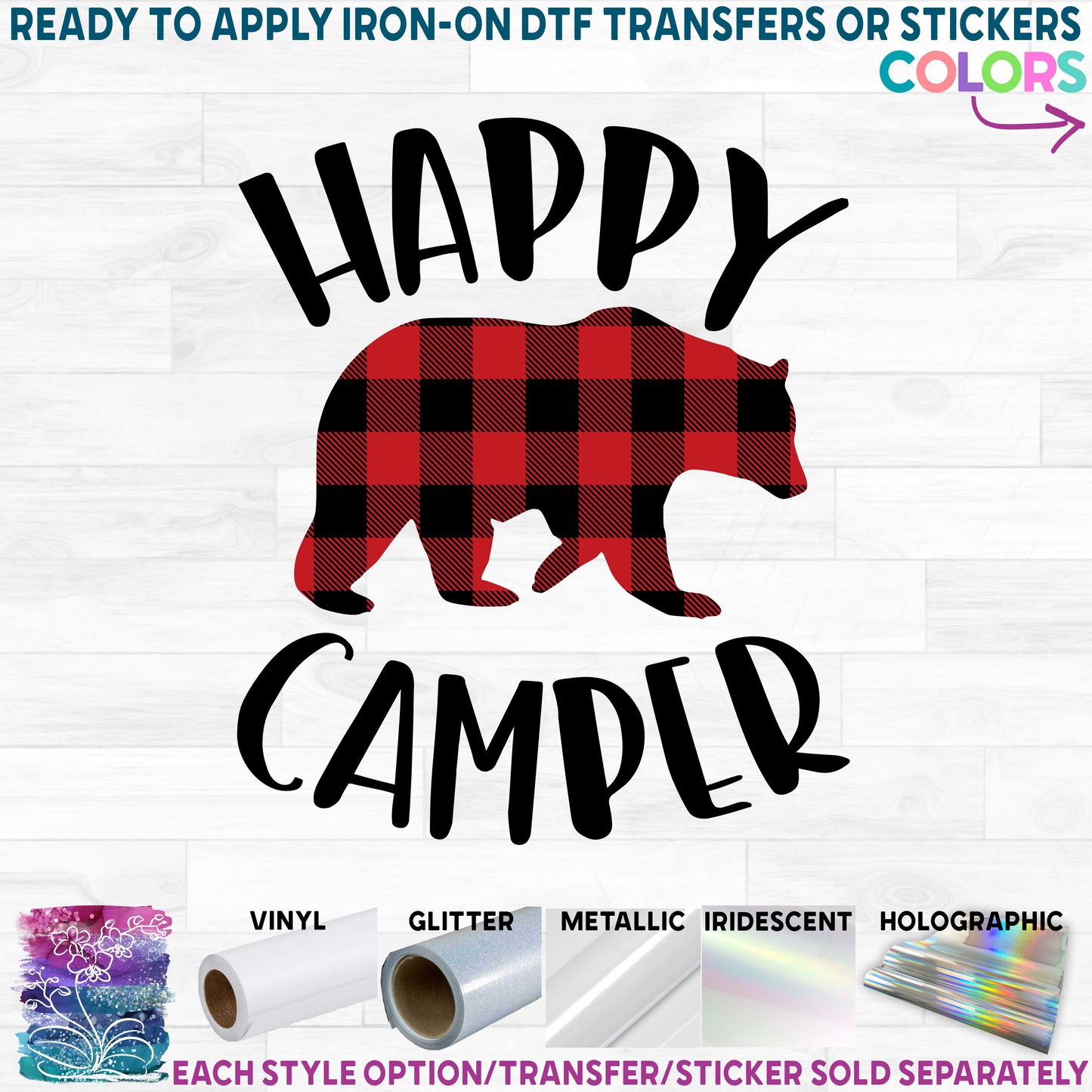 (s228-6O) Happy Camper Teepee Bear Campfire Printed Heat Transfer or Sticker