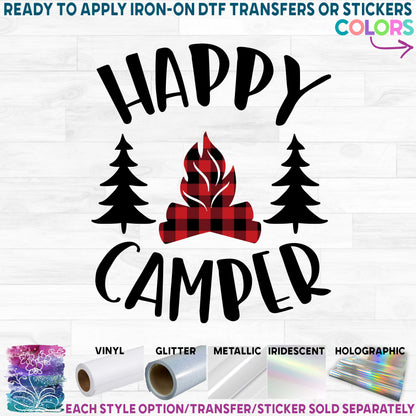 (s228-6O) Happy Camper Teepee Bear Campfire Printed Heat Transfer or Sticker