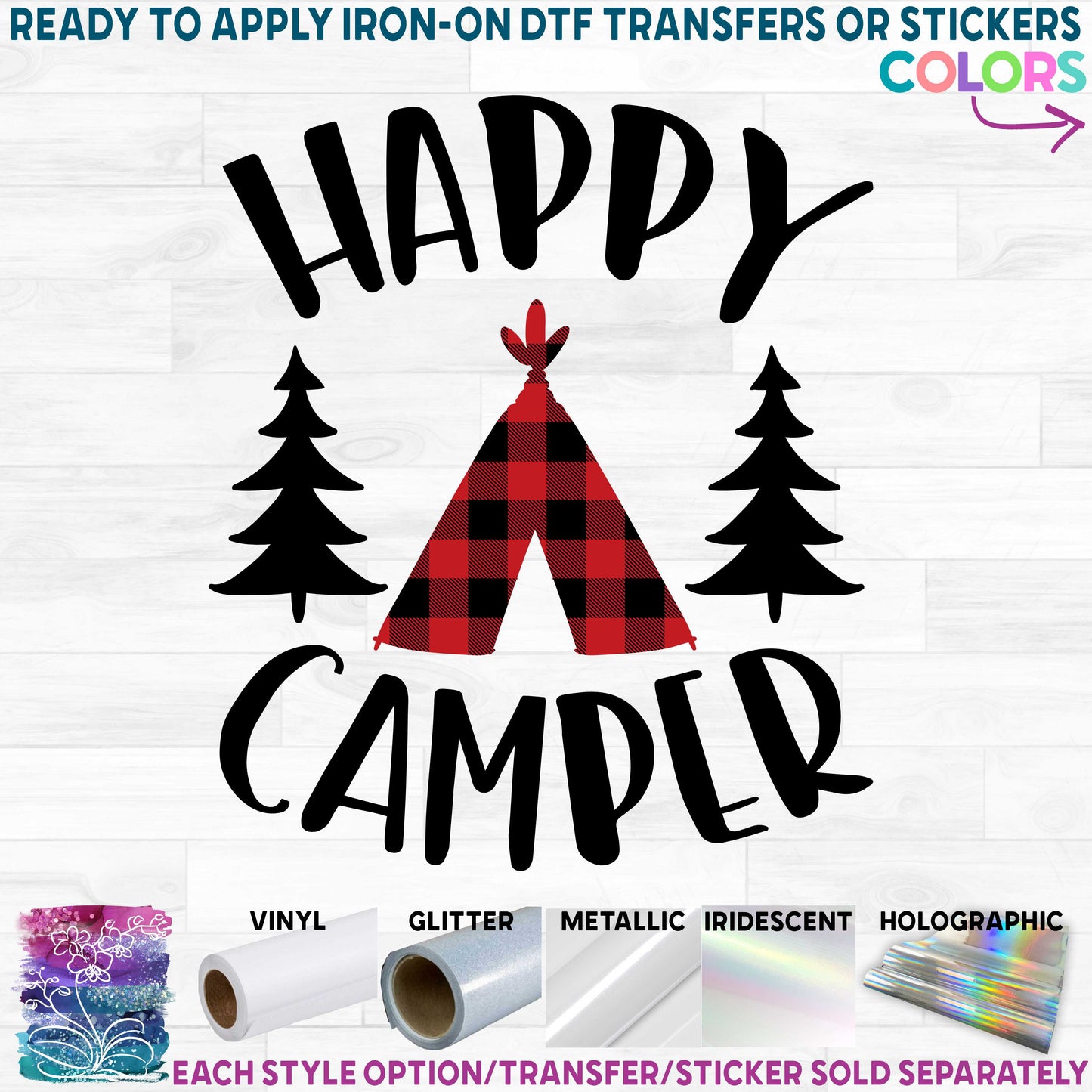 (s228-6O) Happy Camper Teepee Bear Campfire Printed Heat Transfer or Sticker