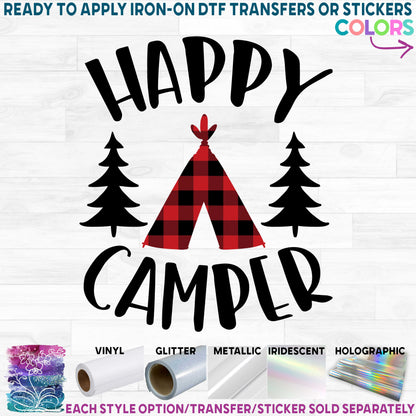 (s228-6O) Happy Camper Teepee Bear Campfire Printed Heat Transfer or Sticker