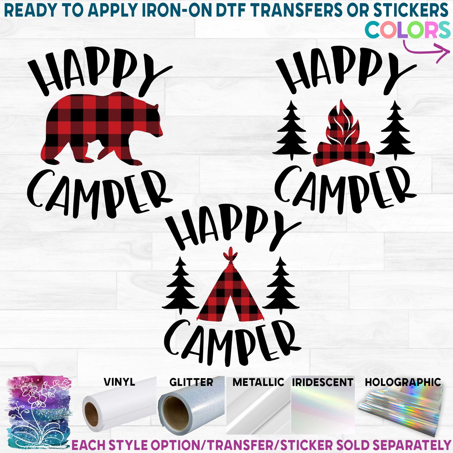 (s228-6O) Happy Camper Teepee Bear Campfire Printed Heat Transfer or Sticker