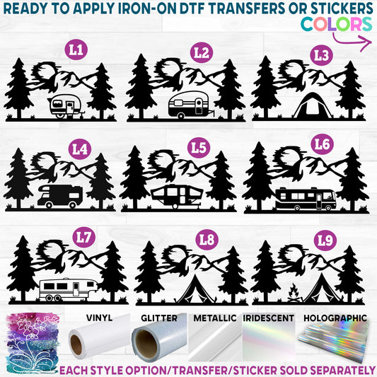 (s228-6L) Camper Tent Trailer Tent RV Class C Mountains Printed Heat Transfer or Sticker